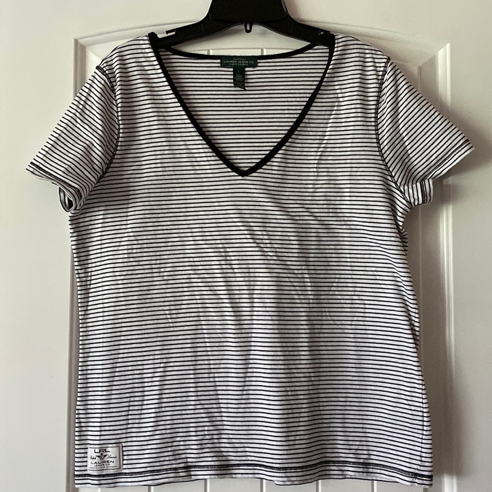 Ralph Lauren V neck Black & White Striped Tee size L